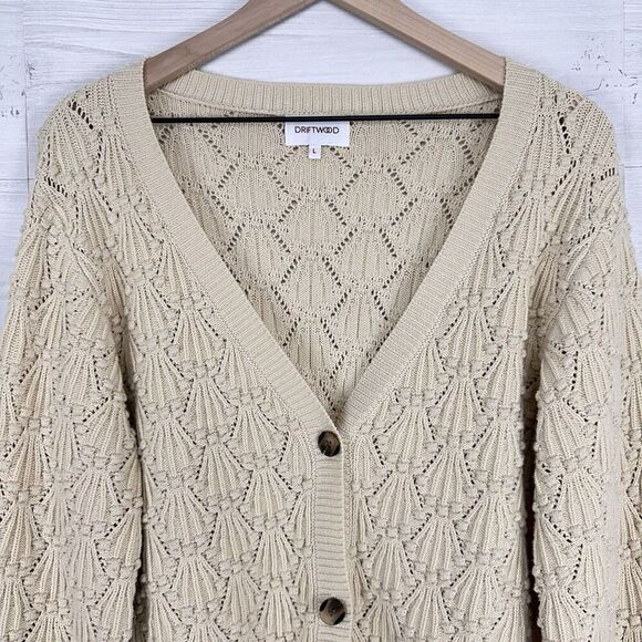 Driftwood Nancy Cardigan Sweater Women L Cream Cotton V Neck Balloon Sleeve Boho - Picture 4 of 16